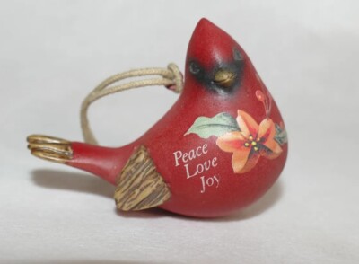 Christmas Cardinal Red BIrd Hanging Ornament Peace Love Joy 3 X 2 Inch Ceramic 