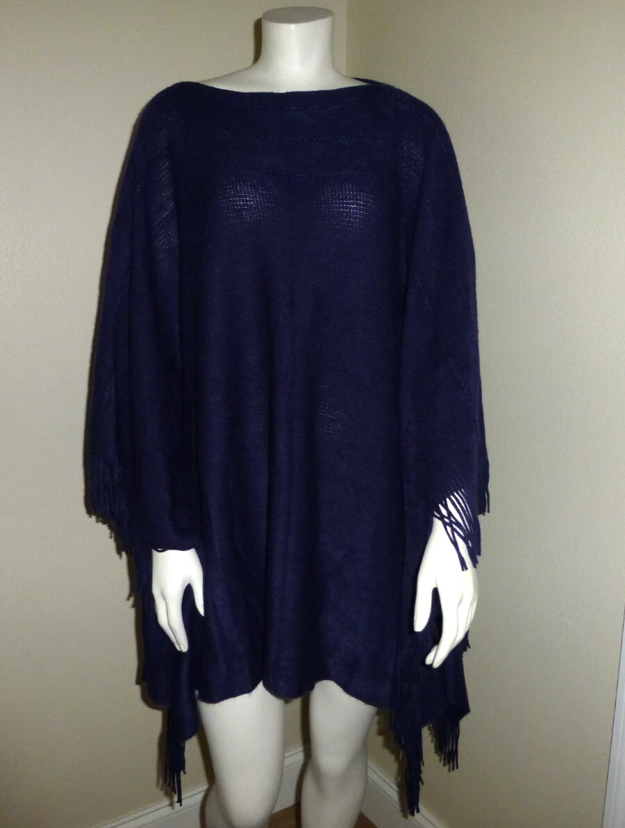 NWT Layers by Lizden Marvelush Cable Knit Fringed Poncho Plus One Size Navy