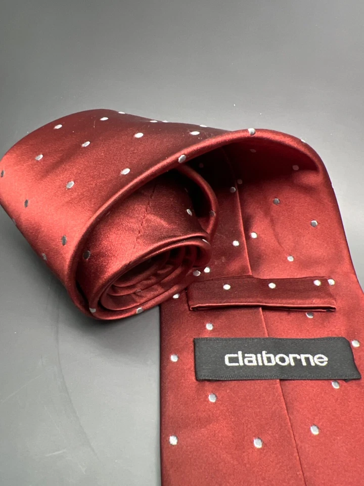 Corbata de seda importada hecha a mano Claiborne 57" x 4" marrón/óxido/punto blanco Foto 4 de 4