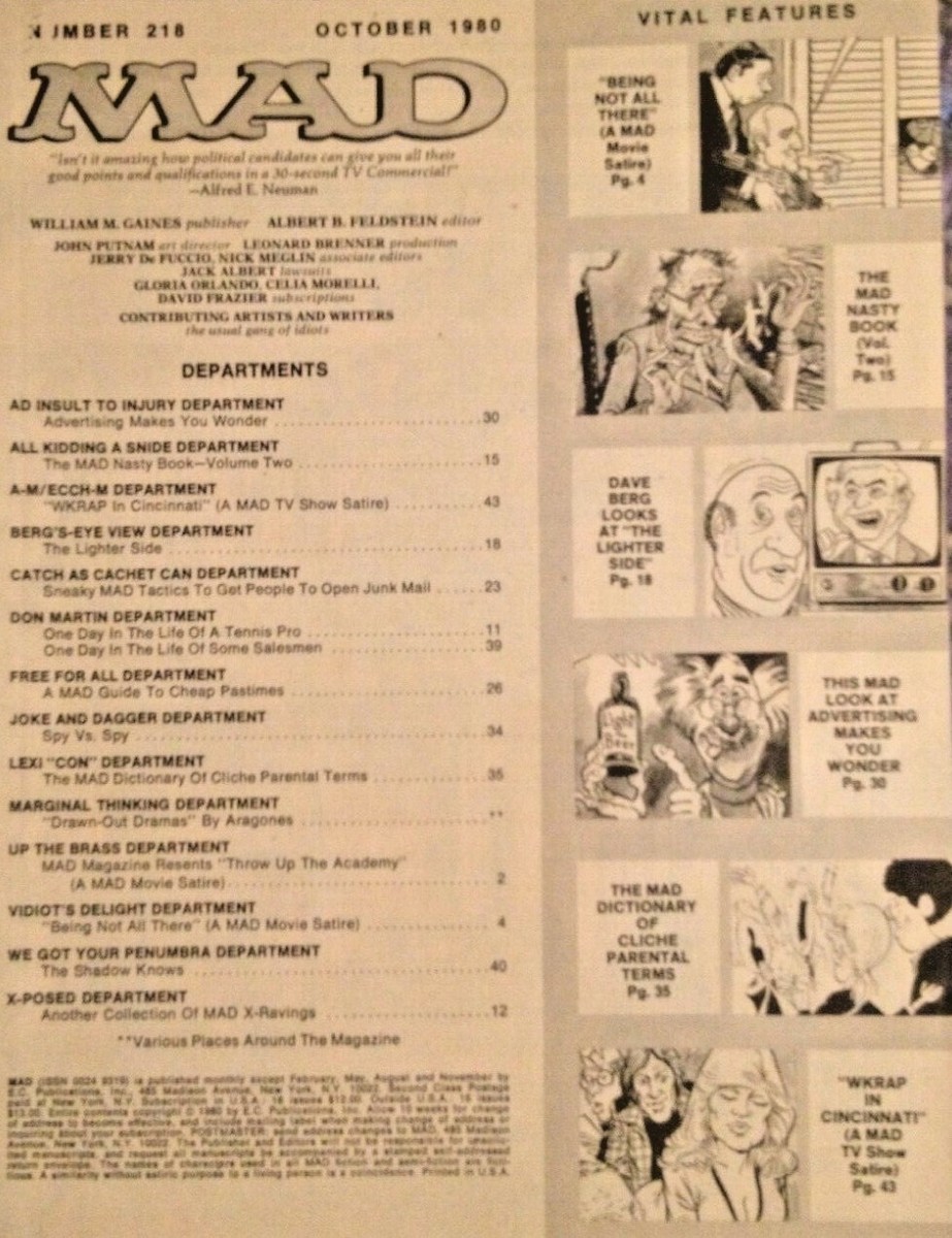 MAD MAGAZINE 10/80 #218 ALFRED E. NEUMAN FOR PRESIDENT, WKRP, UP