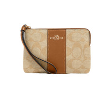 Coach Corner Zip Wristlet In Signature Canvas Khaki / Gold 58035 NEW