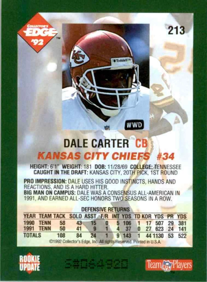 1992 Collectors Edge Dale Carter RC Kansas City Chiefs #213 - Image 2 of 2