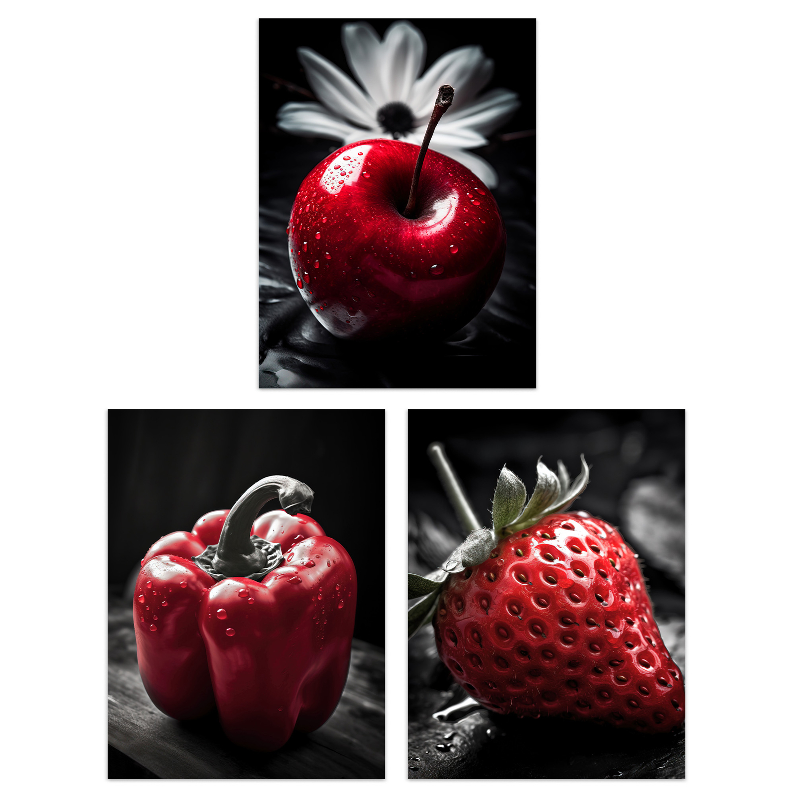 Red Apple Pepper Strawberry on Black White Kitchen Artwork Poster 3 Pack 12X16""