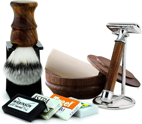 Kit Regalo Da Barba Da Uomo in Legno, 7 Pezzi, Rasoio Di Sicurezza Classico, Spa - Foto 6 di 12