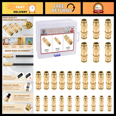 26pcs Quick Connect Brass Air Line Fittings 1/4  3/8  1/2  Push to Connect Pneum