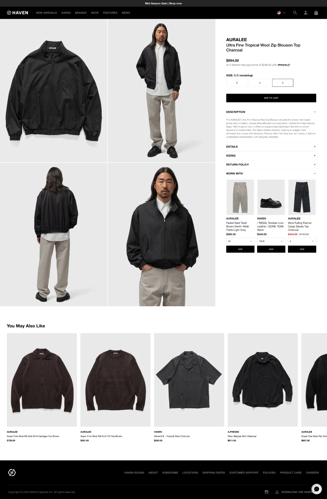 Auralee Ultra Fine Tropical Wool Zip Blouson Charcoal 5 NWT Harrington SS26 image 12