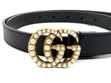 GUCCI Faux Pearl GG Double G Logo Buckle Leather Skinny Belt Black 450
