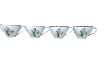 NORITAKE ORIENTAL 6341 VINTAGE SET OF 4 COFFEE / TEACUPS AQUA BAMBOO & GOLD TRIM