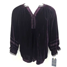 Democracy 3/4 Blouson Top Blouse Womens 2X Embroidered Velvet Boho Witchy Fairy
