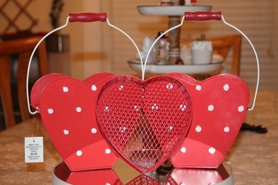 Valentine Gift Bucket set of 2 with Red Wire Heart Shaped Dish Used