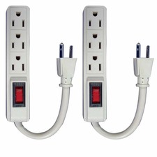 2 Pc 3 Outlet Surge Protector Power Strip with Flat Plug 5" Extension Cord