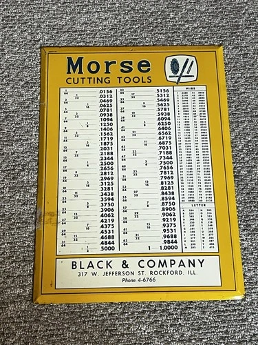 vintage 1950s Morse Cutting Tools Metal Equivalents Sign Black & Co Rockford IL