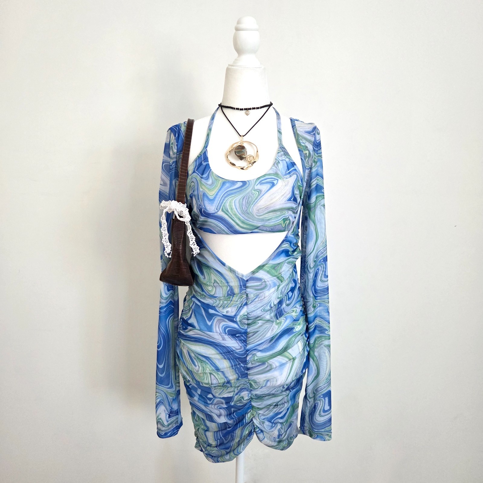 By Dyln Juna Dress Mesh Cutout Mini Blue Swirl Sz Large NWOT Y2K Club Rave Ibiza
