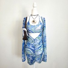 By Dyln Juna Dress Mesh Cutout Mini Blue Swirl Sz Large NWOT Y2K Club Rave Ibiza
