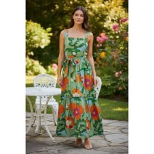 Maude Vivante Floral Maxi Dress Womens Green Orange Tiered Cotton Boho Size XS