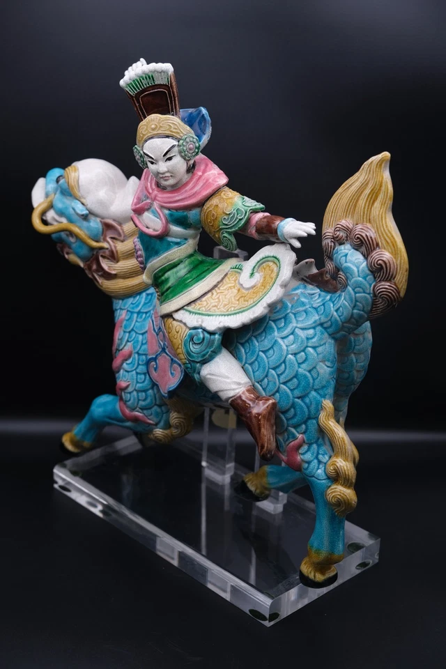 Antique Chinese Ceramic Roof Tile Warrior Riding Dragon Foo Dog - Image 2 of 4