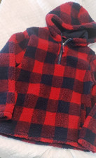 CAT  JACK CHILDS SOFT FLEECE HOODY RED  BLACK PLAID SIZE 8/10 PREOWNED ZIP