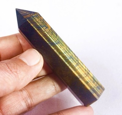 Goldblau getöntes Tigerauge Turm Kristall Stein Heilstab Chakra Reiki