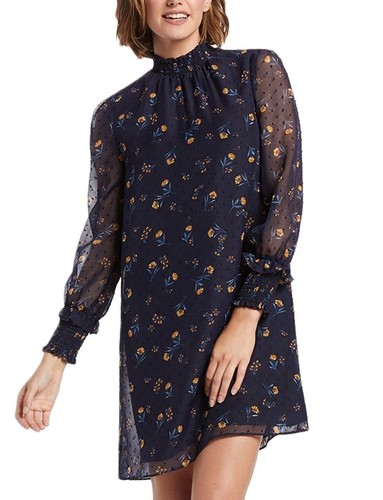 NWT Draper James Floral Swiss Dot Navy Floral Long-Sleeve Smocked Collar Dress M