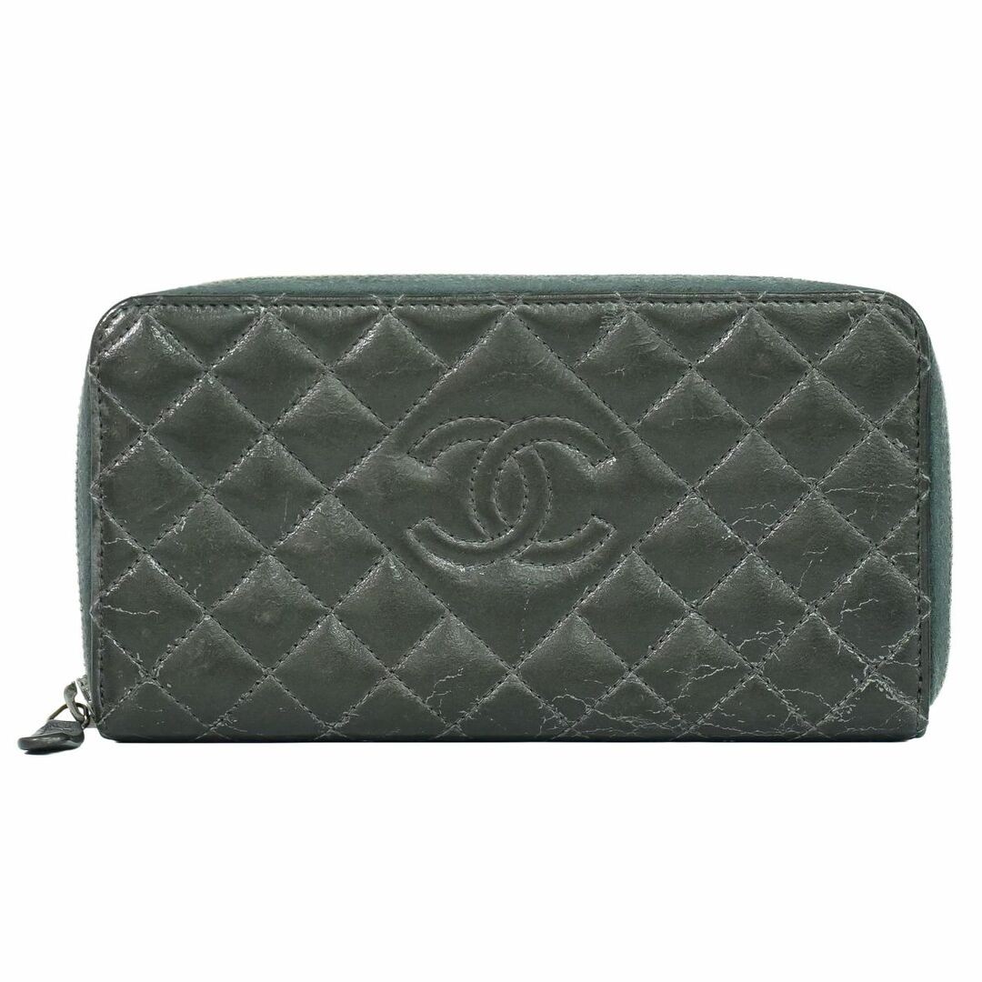 Chanel Matelasse Round Zipper Long Wallet Leather Grey Used