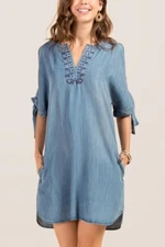 New Blue Rain Denim Blue Embroidered Shift Pocket Dress Bare Shoulder Medium