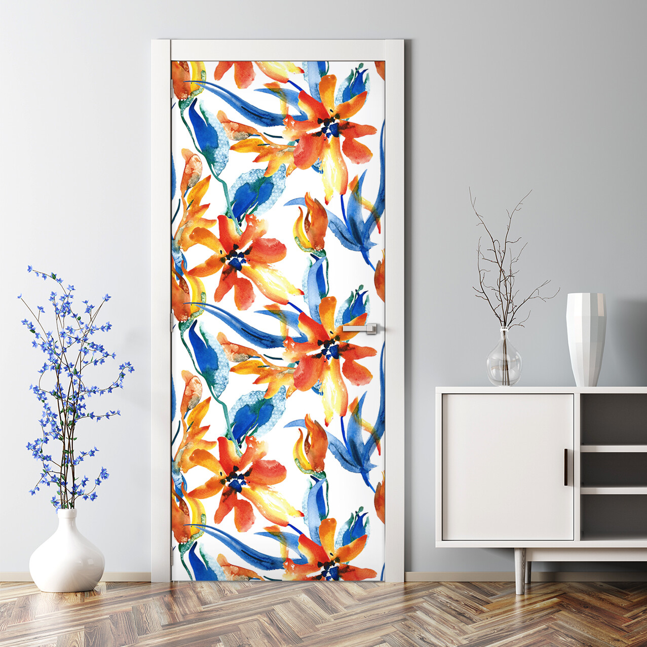 Sunny Flowers Bubble Free Colorful Floral Artwork Orange & Blue Door Sticker
