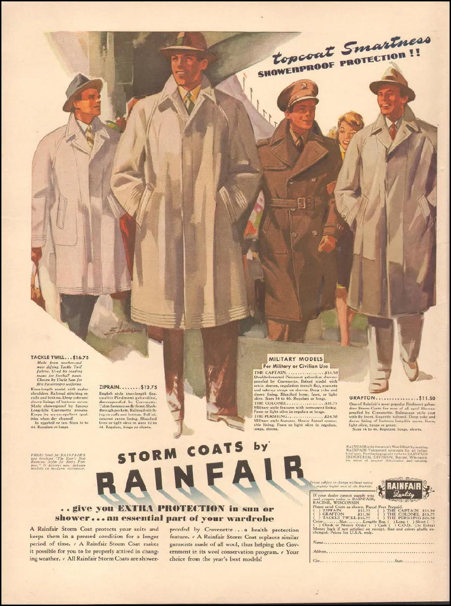 1942 Vintage ad for Rainfair Storm Coats Art retro fashion WWII era 021118