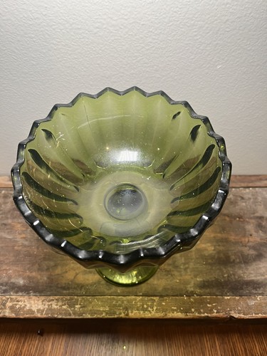 Vtg 1970’s Indiana Glass Lotus Blossom Compote Bowl, Iridescent Lime Green, MCM - Picture 8 of 11