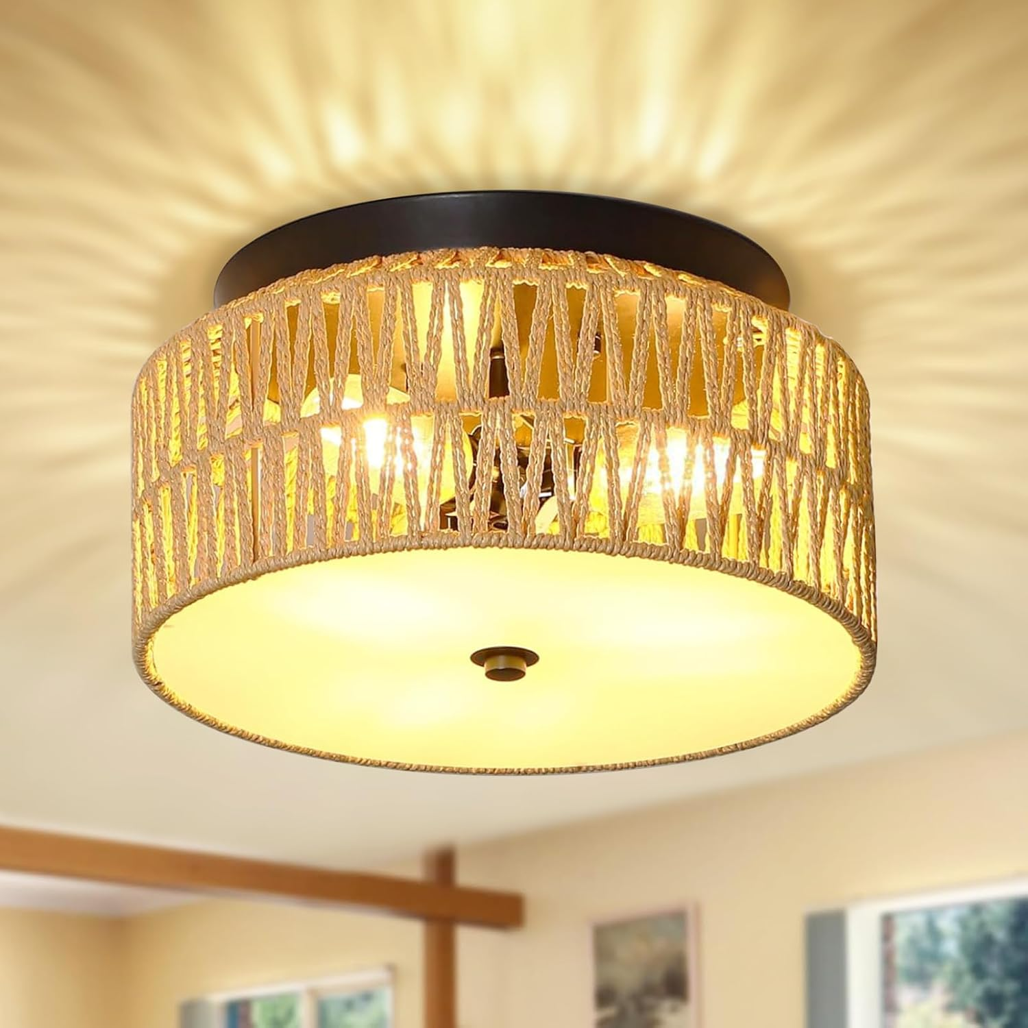 Rattan Ceiling Light, 3-Lights Hand Woven Ceiling Light Fixture, Boho Flush Moun