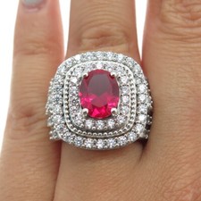 925 Sterling Silver Oval-Cut Lab-Created Ruby  Round-Cut C Z Ring Size 7