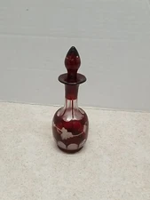 Hand Blown Glass Perfume Bottle Clear With Red Paint, Gold Inlay. See Pics.