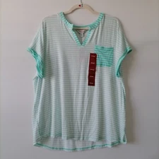 NWT Liz Sport Womens Blue Tint Combo V-Neck Striped Pocket T-Shirt Size XL