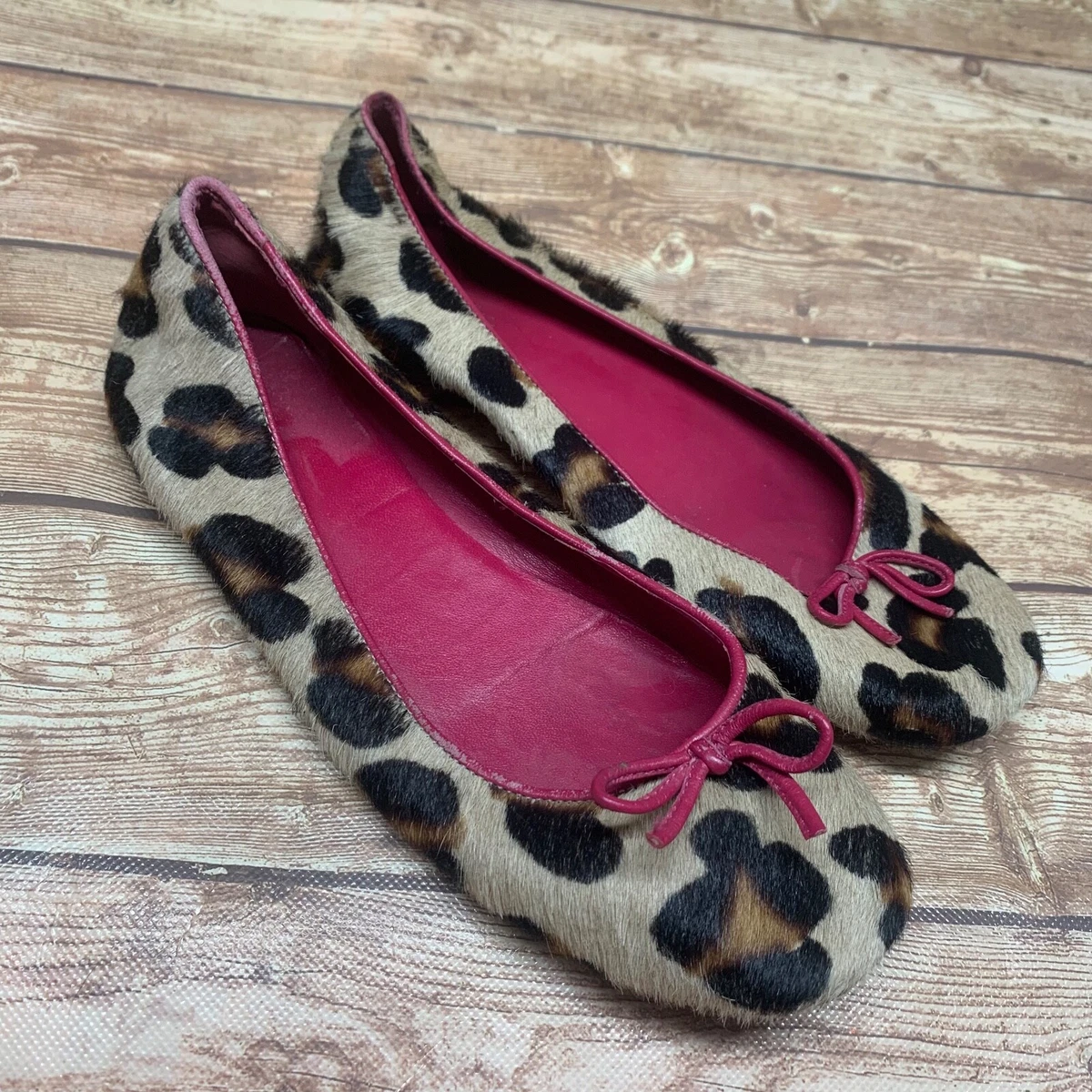 BODEN Womens Flat Shoes US 7 EU 38 Real Fur Brown Black Animal Print