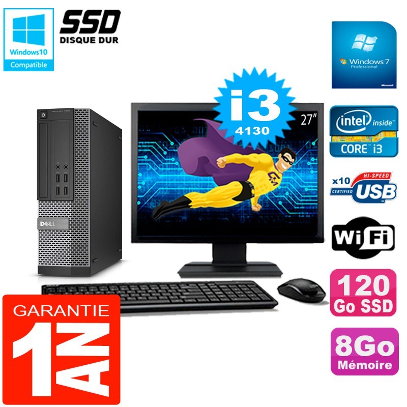 PC DELL 7020 SFF Ecran 27" Core I3-4130 RAM 8Go Disque Dur 120 Go SSD Wifi W7