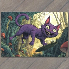 POSTCARD Purple Cat Goofy Smile Forest Mushrooms Skateboard Whimsy Fun Ride