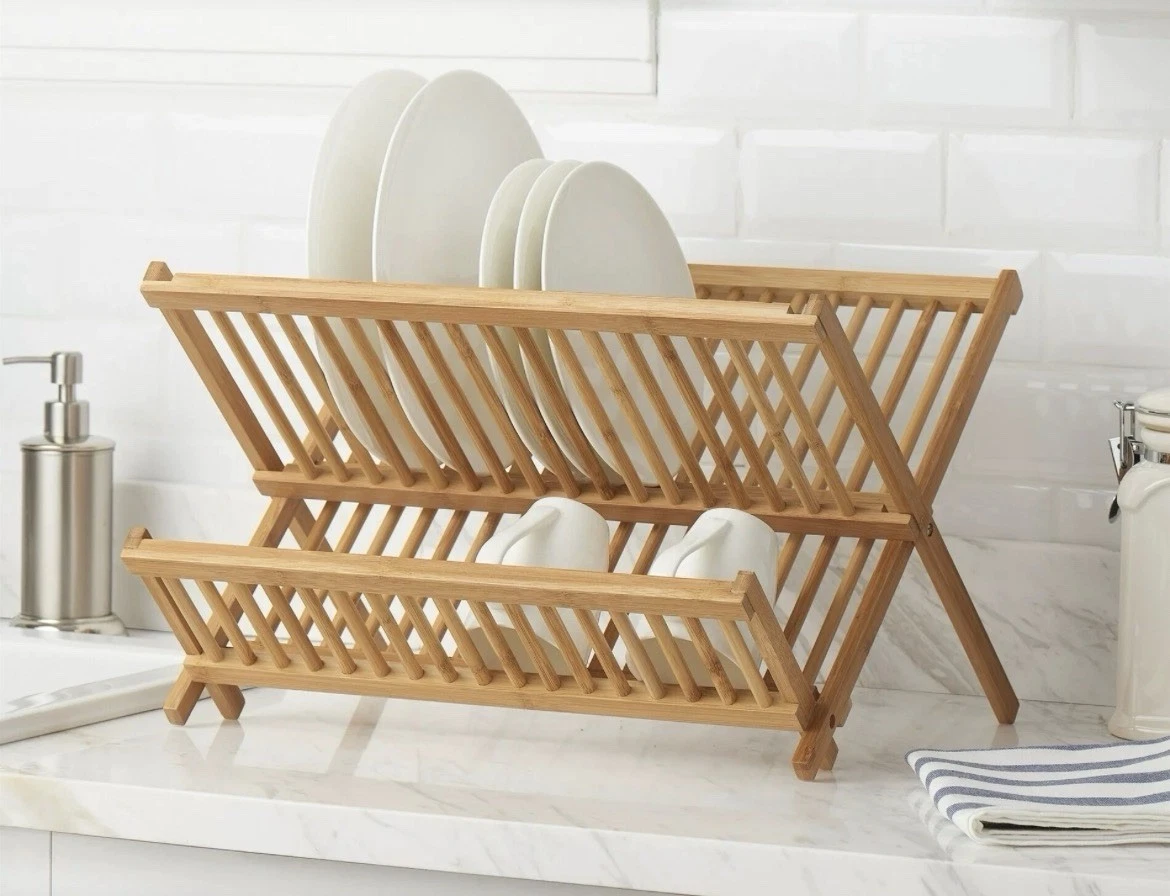Wooden Dish Drying Rack Collapsible Compact Dish Rack Bamboo Dish Drainer