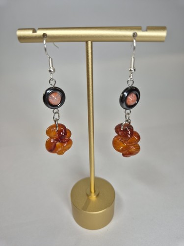 Natural Hand Carved Snake Agate And Hematite Earrings Stainless Steel - Picture 3 of 20