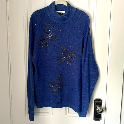 Vintage Dana Scott Blue Silk Angora Beaded Bow Sweater Size L