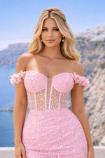 Long Pink Beaded Corset Sheer Off Shoulder Side Slit Prom Dress Size 10