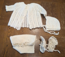 Handmade Crochet White Baby Set - Sweater, Hat, Booties, Diaper Cover Vintage