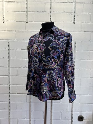 Milano Damen Bluse, gemustert auf schwarzem Grund. 100 % Baumwolle, Größe 46.