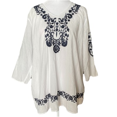 CC Chic Connection Cotton Women's Top Sz L White Embroidered Sheer Boho Coastal