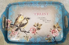 “TRUST IN THE LORD" METAL SERVING TRAY IN TEAL WITH BIRDS FEATURING PROV 3:5