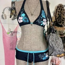 Y2k Floral Two Piece Bikini Set Halter 2000s Hibiscus Print Board Shorts