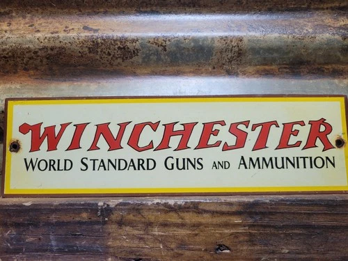 VINTAGE WINCHESTER PORCELAIN SIGN OLD FIREARMS AMMUNITION GUN AMMO RIFLE HUNTING