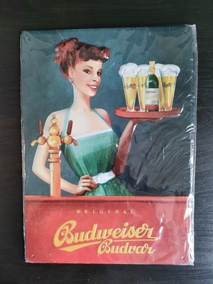 Altes Budweiser Schild Blechschild ORIGINALVERPACKUNG Budvar Bier Beer Sign 