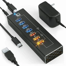Powered USB Hub - Multi-Port USB Hub with 7 USB 3.0 Ports, 3 Fast Charging USB 3
