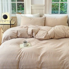 Tan Gingham Duvet Cover Full 100 Washed Cotton Beige Taupe Plaid Duvet Cover...