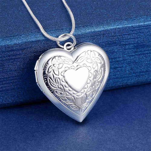 925 Sterling Silver Plated Heart Necklace, Locket Photo Picture Pendant 18" N1