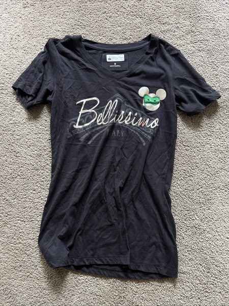 Disney Parks Womens Black Cotton Graphic Tee Bellissimo V Neck Short Sleeve S